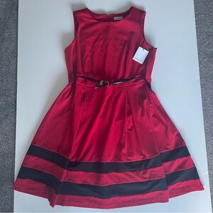 Clavin Klein Women Elegant Princess Style Red w Black  Dress 16W Plus NWT + belt